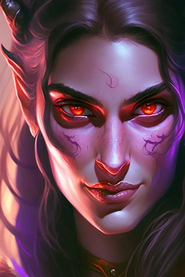 purple skin, glowing fiery eyes, smirk, soft female face, beautiful, graceful
