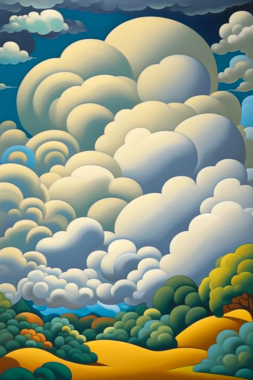 A white sky with puffy clouds designed in Mayan architecture painted by Thomas Hart Benton