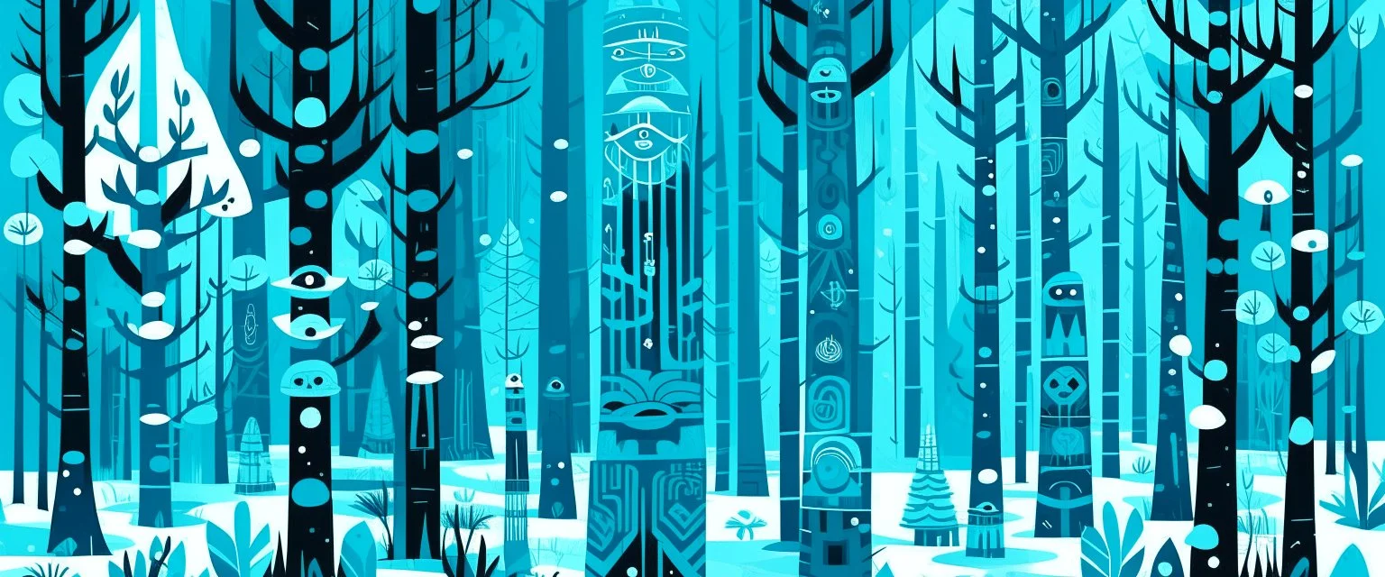 A cyan winter forest designed in Pacific Northwest totem poles