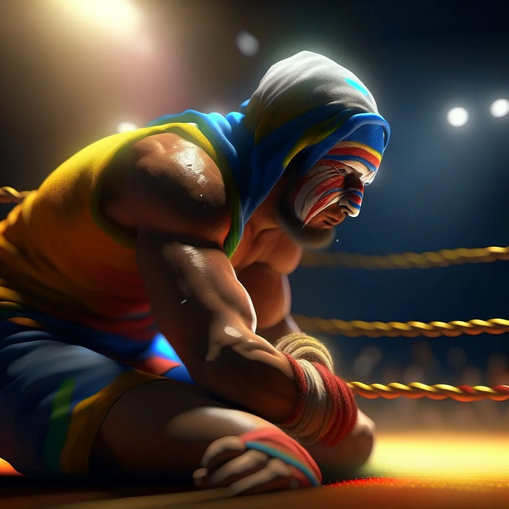 wrestler in the ring doing a piledriver on a scarecrow, 4 k, down-light, soft light, depth of field, photo realism, trending on art station, high detail, spray paint