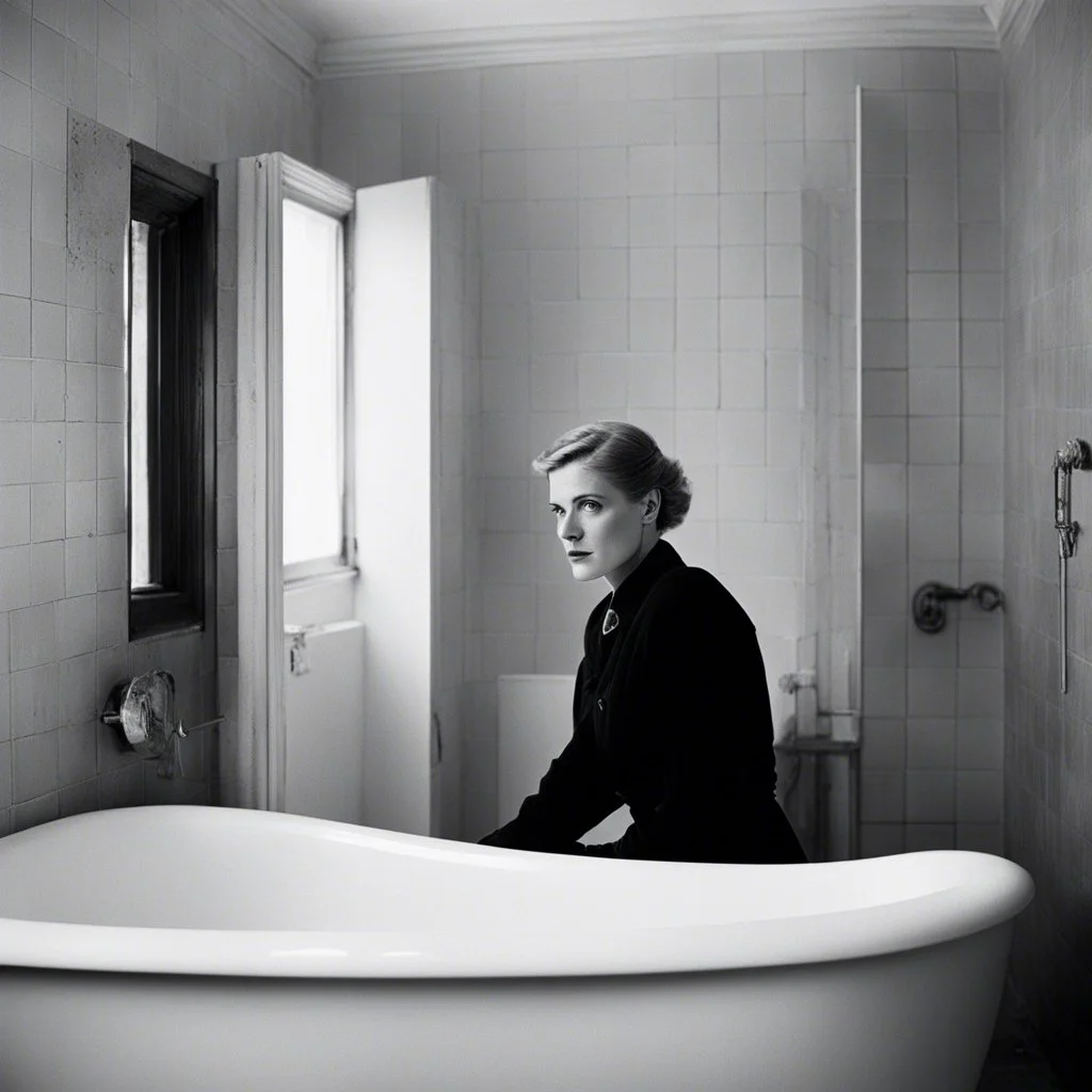 Lee Miller, the intrepid war photographer, finds herself standing in Hitler's bathroom. The chilling history of the place weighs heavy on her as she gazes at the empty tub once occupied by the tyrant himself. The stark reality of the room, once a sanctuary for evil, now a haunting relic of the past, surrounds her. Lee lies in the bathtub camera hangs at her side, a silent witness to the solemn moment.