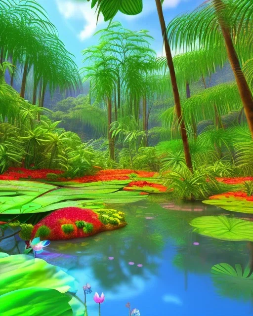 mystical venus fly trap, flowers, jungle, vibrant colours, impressionism, soft lighting. trees in background, dragonfly,