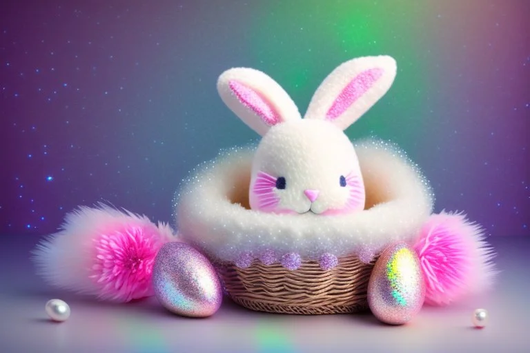 cute chibi plushy fluffy knitted and embroidered natural colored easter bunny in basket, feathers, easter eggs, iridescent flowers incorporated, light emitting, cracked bioluminescent holographic marble background, silver foil, sparkling diamonds, holographic raw pearls, ethereal, cinematic postprocessing