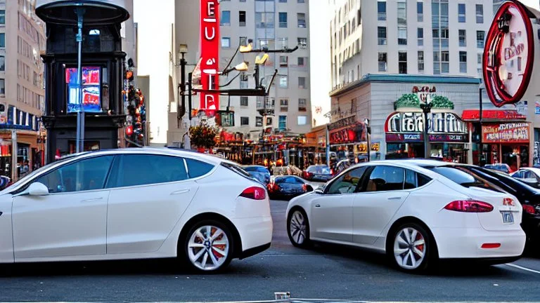 A Tesla's 'Model S Plaid' is parked, over the 'Pier 39', in San Francisco. CINEMATIC. WIDE ANGLE LENS.