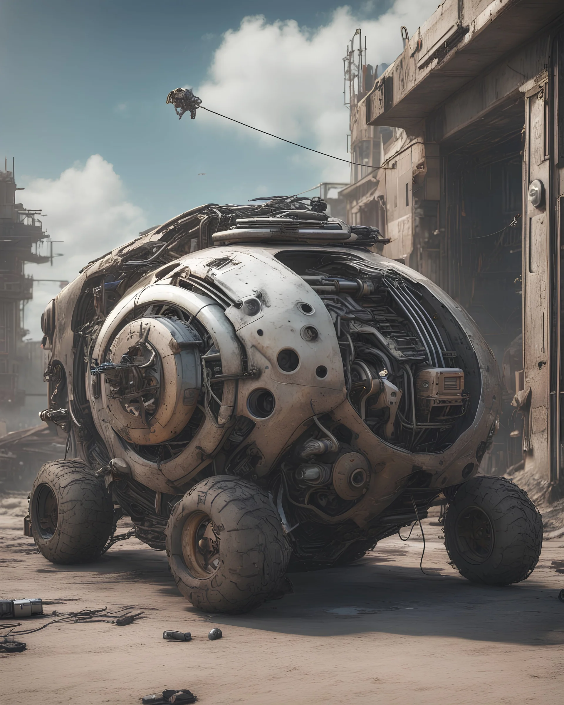 Futuristic vehicle covered with front gull door body made with engine parts and wires dysoptia cyberage HAWKEN postapocalyptic dysoptia scene photorealistic uhd 8k VRAY highly detailed HDR