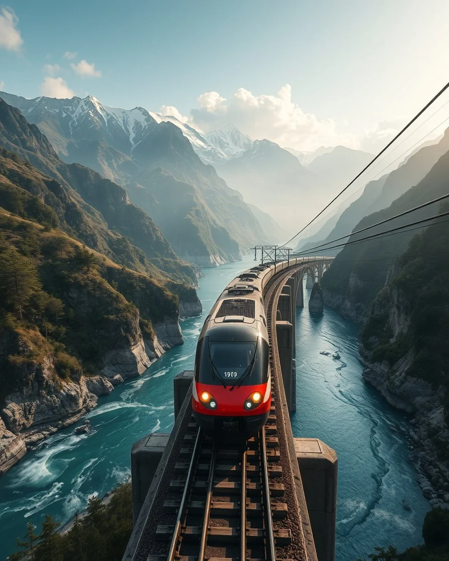 distance view Realistic Photography Panoramic style electric bullet train, atmospheric beautiful electric bullet train, rides in stunning bridge river and mountain landscape, mountain gorge, bright color palette, high detail, perfect composition, cinematic shot, intricate details, hyperdetail