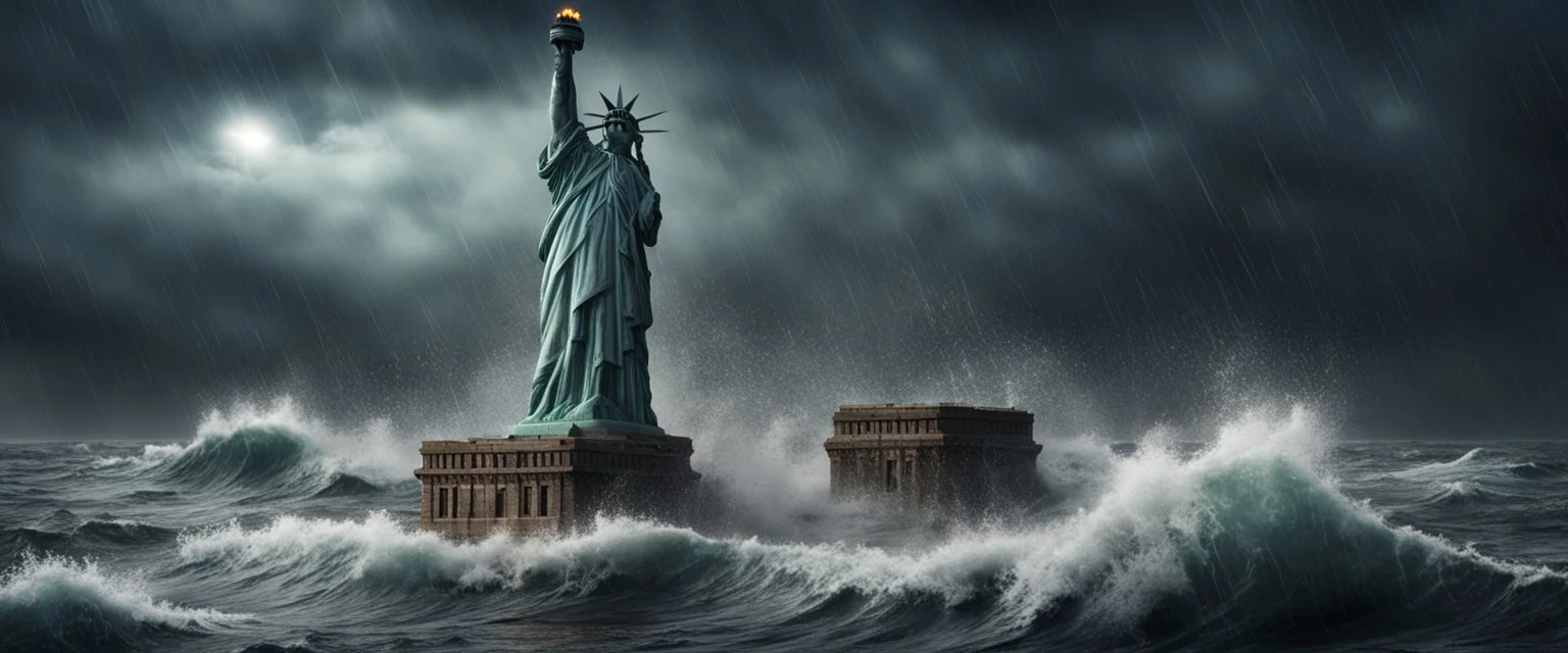 Hyper Realistic apocalyptic haunted view of broken statue of liberty at dark rainy night between the sea with big wave splashes