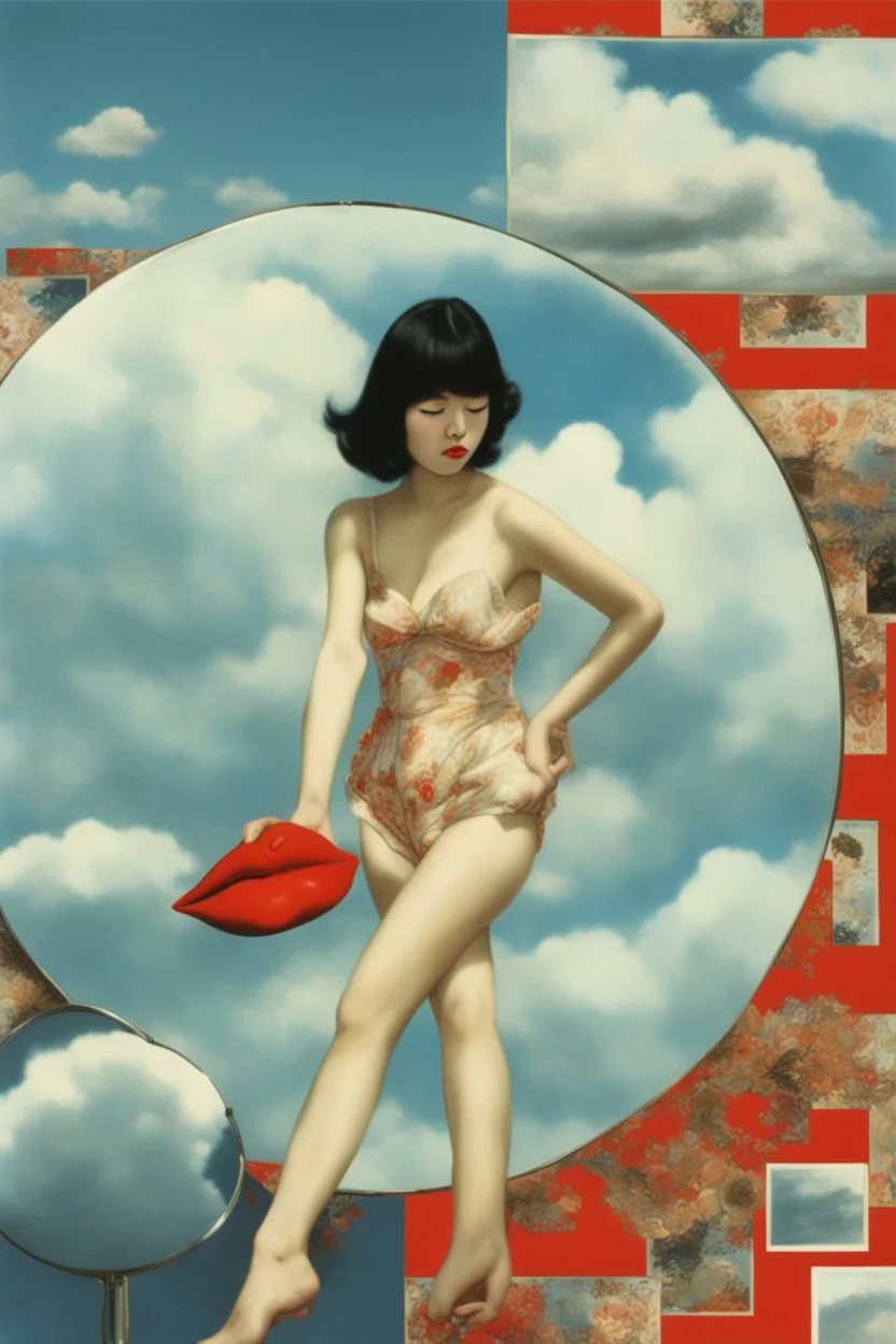 sexy girl,cloud in blue sky, a red lip, collage art, shuji terayama, dreamy objects, surreal, criterion collection, showa era, intricate details, mirror