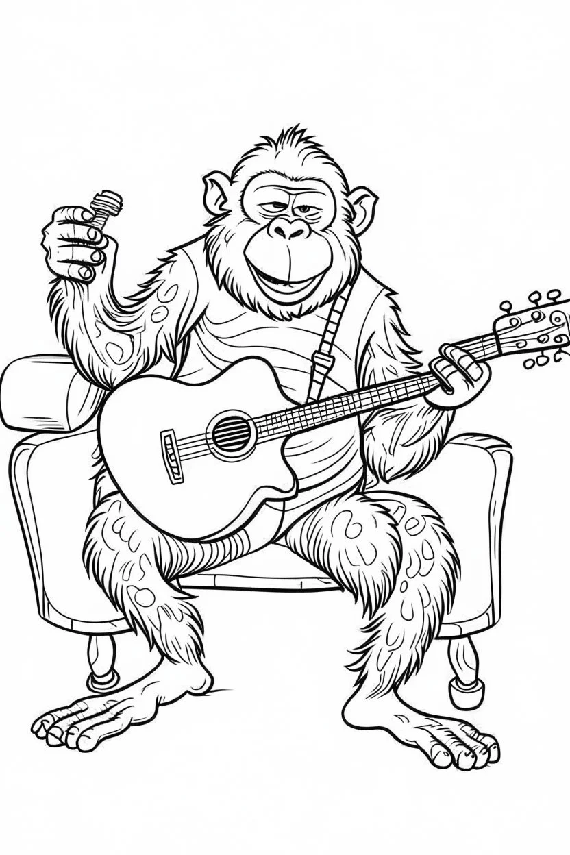 Outline art of laughing monkey holding a guitar sitting on a chair