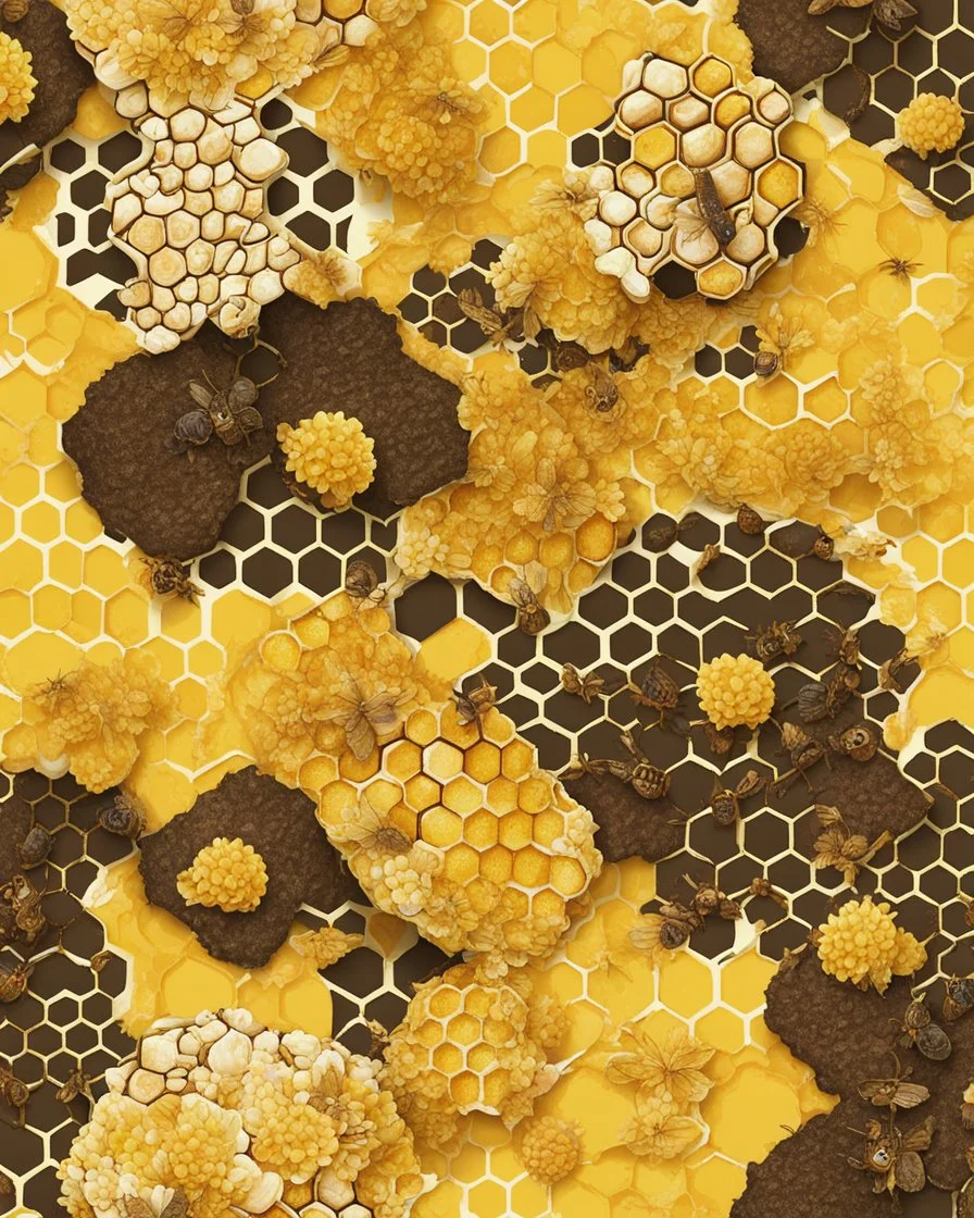 honeycomb and beehive on a yellow floral background