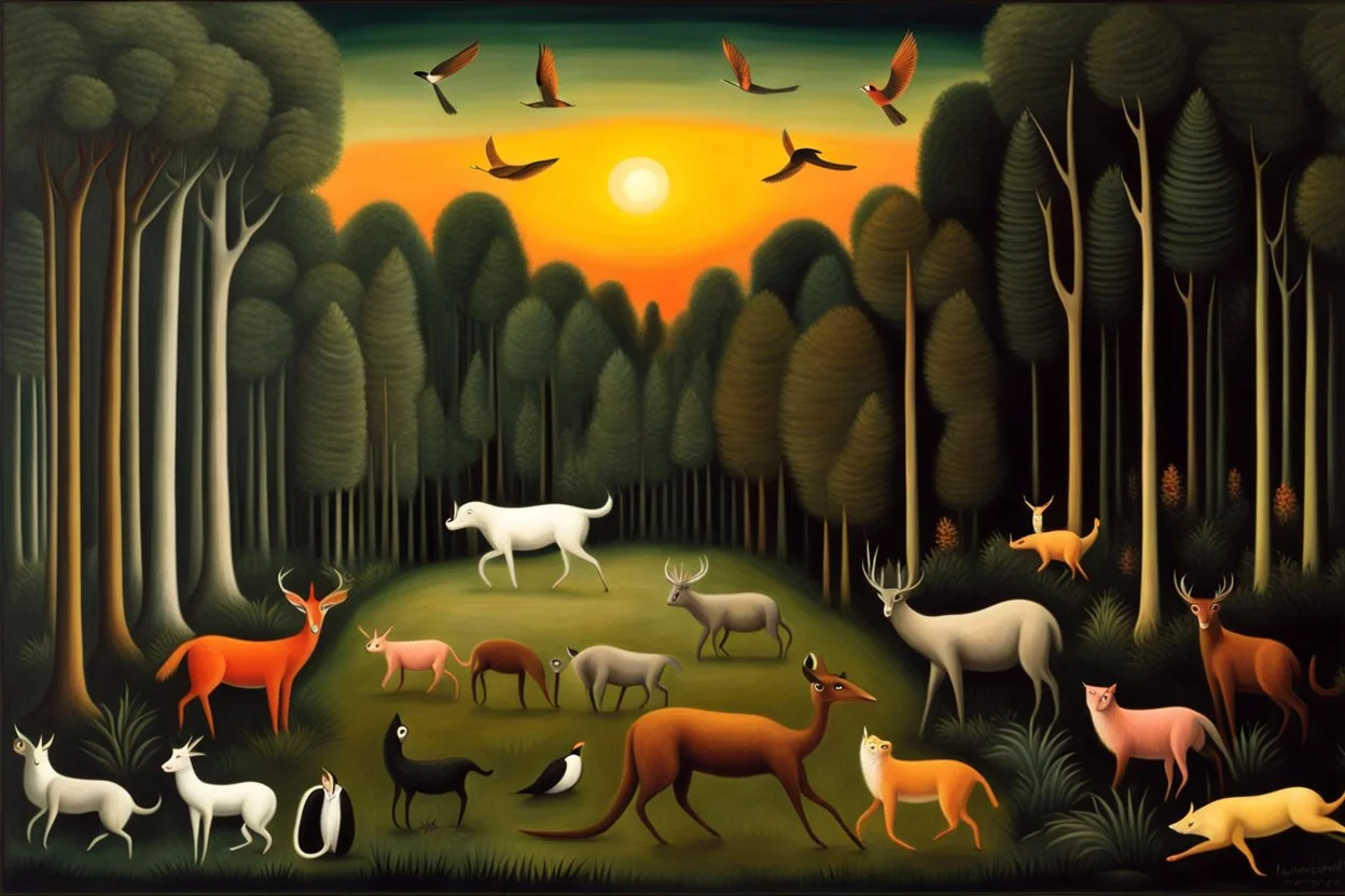 A forest glade with animals at sunset by artist "Henri Rousseau",by artist "Leonora Carrington"