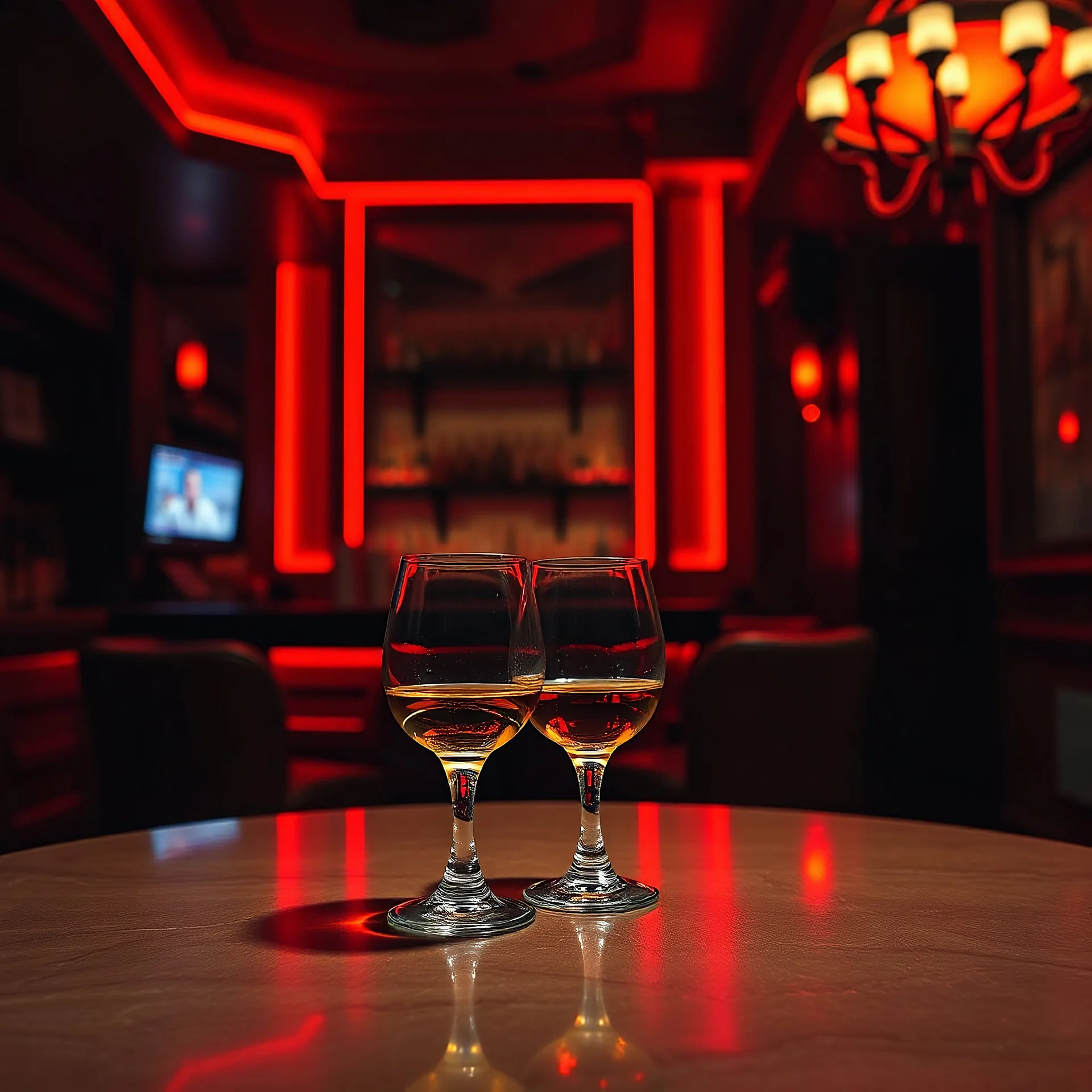 a table showing two whisky glasses in a dark bar room, red neon hues, van gogh style