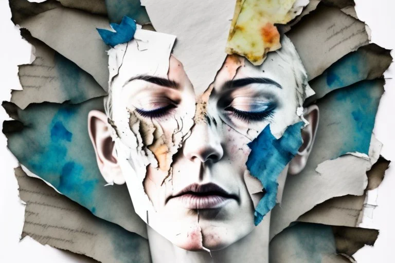 white background, double exposure, old torn paper, newspaper scraps, watercolor, splashes, blots, woman 50 years old, flower blonde, closed eyes, fine rendering, high resolution, double exposure, 8K