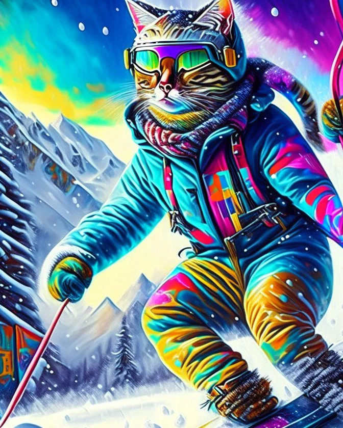 Hermosa Pintura coloreada arte graffiti de un gato antropomorfico con traje de esquiador, esquiando en la nieve, calidad ultra, hiperdetallado,12k