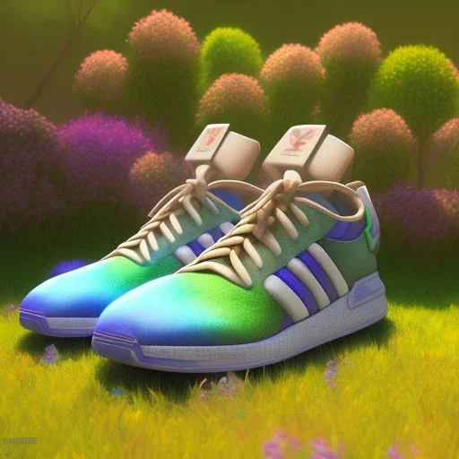 pixar style, volumetric summer garden environment and background, realistic painting of adidas sneaker, looking excited, volumetric lighting, dramatic lighting, detailed digital painting, anime, ornate, colour-saturated colors, chaotic, small minutiae, tiny features, particulars, centered, smooth, sharp focus, renderman gofur render, 8k, uhd, detailed eyes, realistic shaded volumetric lighting, sunlight caustics, backlight, centered camera view