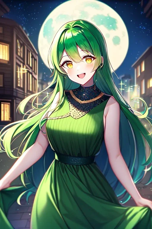 girl, masterpiece, best quality, cinematic lighting, detailed outfit, vibrant colors, perfect eyes, green hair, golden eyes, long hair, green dress, night sky, town, moon, shooting star, sparkle, depth of field, indoors, god rays, glowing light, ray tracing, laughing,