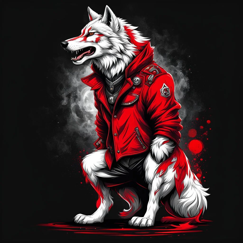 anthropomorphic wolf full body art illustration black background red and white color full body