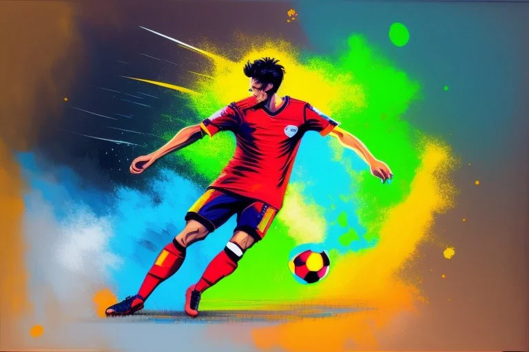 Oil painting, full body of a soccer player, he is kicking the ball, the ball is flying, bright but not neon colours, dynamic lines, dynamic blobs, spots, lines in the background of the character, splash like a colour explosion