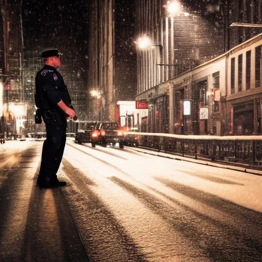 large muscular police officer speaking to a muscular man wearing a trench coat, downtown snowy new york at night, dramatic, dramatic lighting, volumetric lighting, hyperrealism, 8k, high quality, photorealistic, lot of details