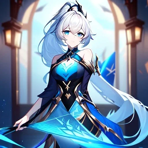 Clear focus, 8k, beautiful lighting, vibrant colors, girl, white long hair, vibrant blue eyes, messy hair, ponytail, honkai impact 3 outfit