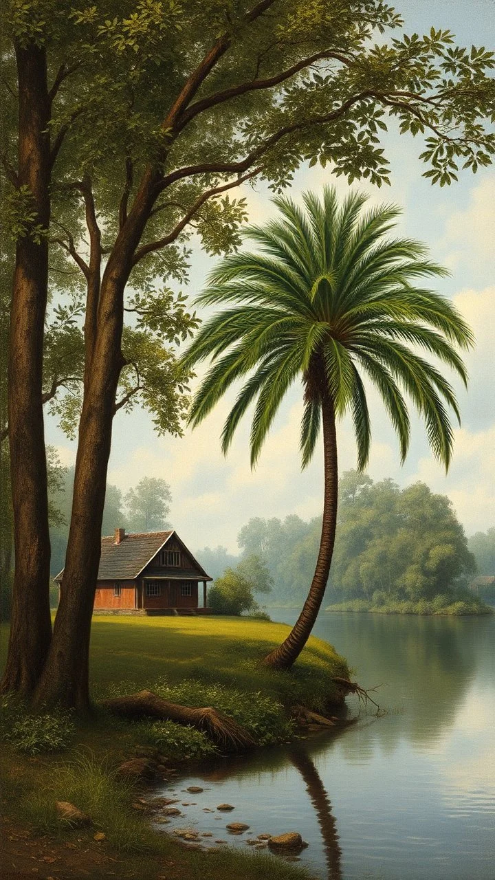 image related to house in the wood by a river bank. Palm Tree on the river bank, Bruegel painting style