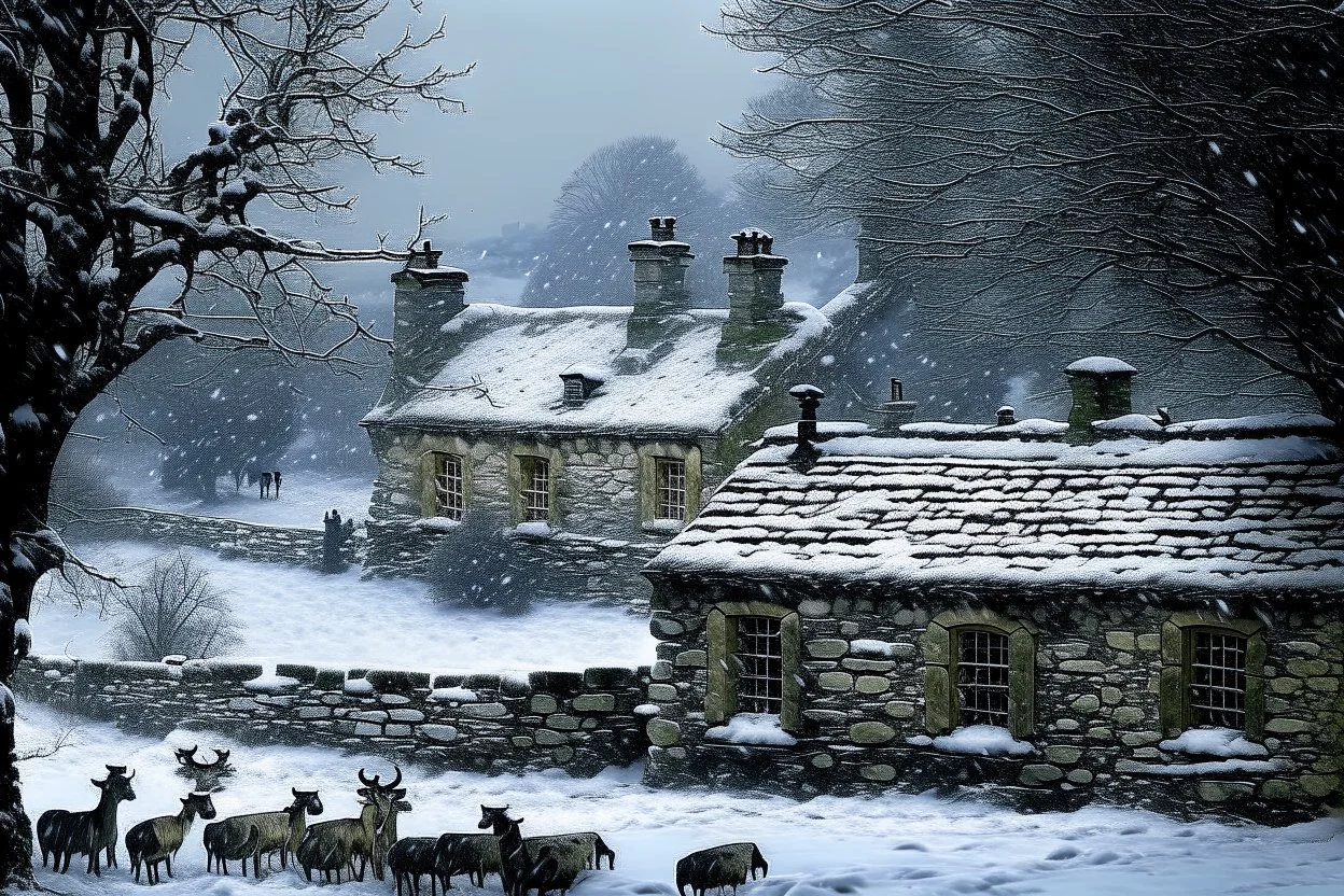 Vintage image of Snow falling heavily in the Cotswald area of England. A stone cottage with smoke coming out of the chimney. Surrounded by stone fences. In the background a startled group of deer look this way. A thick forest behind them.