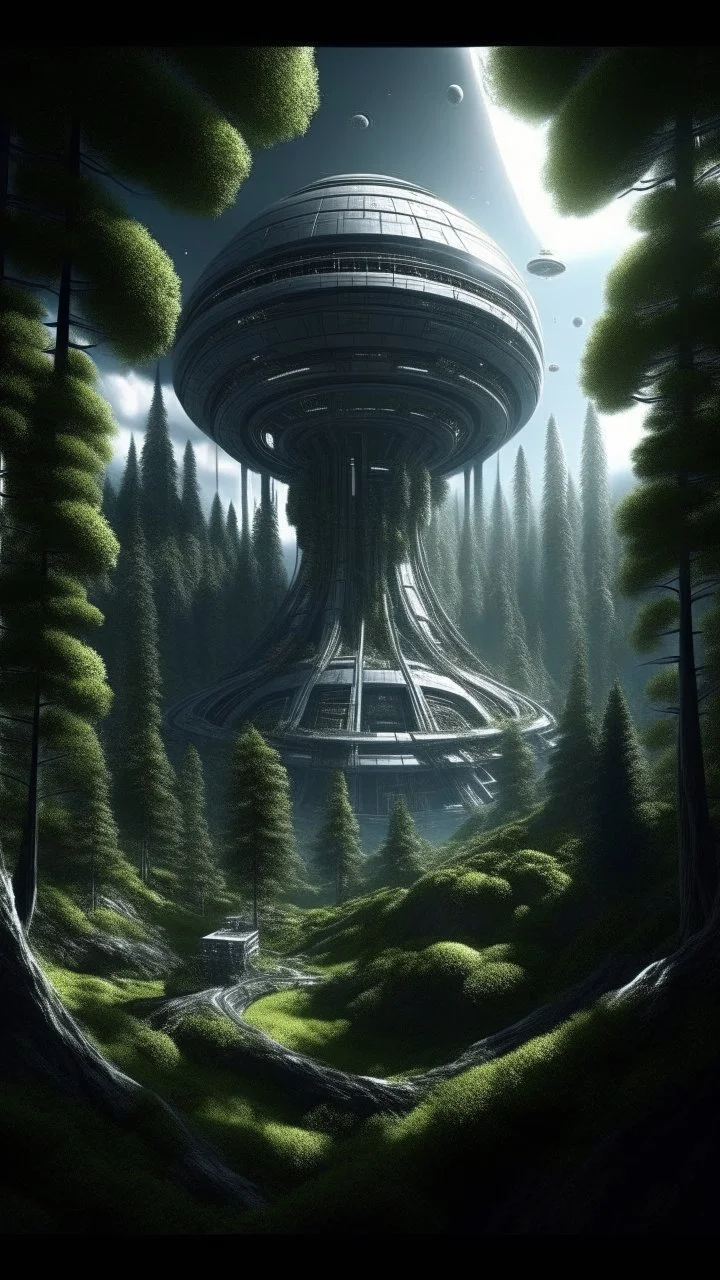 sci fi planet, tall space station, trees