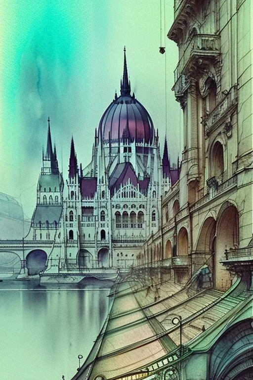 Budapest by Jean-Baptiste Monge, watercolor and ink, intricate details, fantasy, beautiful, award winning, colorful, fantastic view, crisp quality