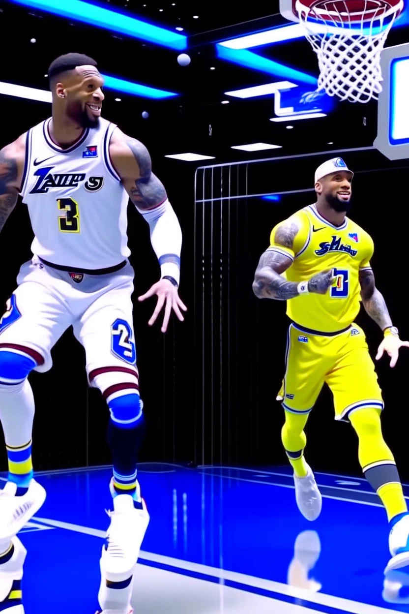 lebron james in space with steph curry and a basketball dunking with ja morant