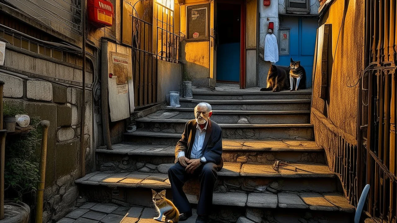 A dead‑end alley in a working‑class Istanbul neighborhood. Gray stone walls, exterior stairs. A rug hung out to beat. A tabby cat stares at camera. An elderly mustached man smokes in a folding chair. Golden sunset. Warm‑colored acrylic (Nevhiz Tanyeli)