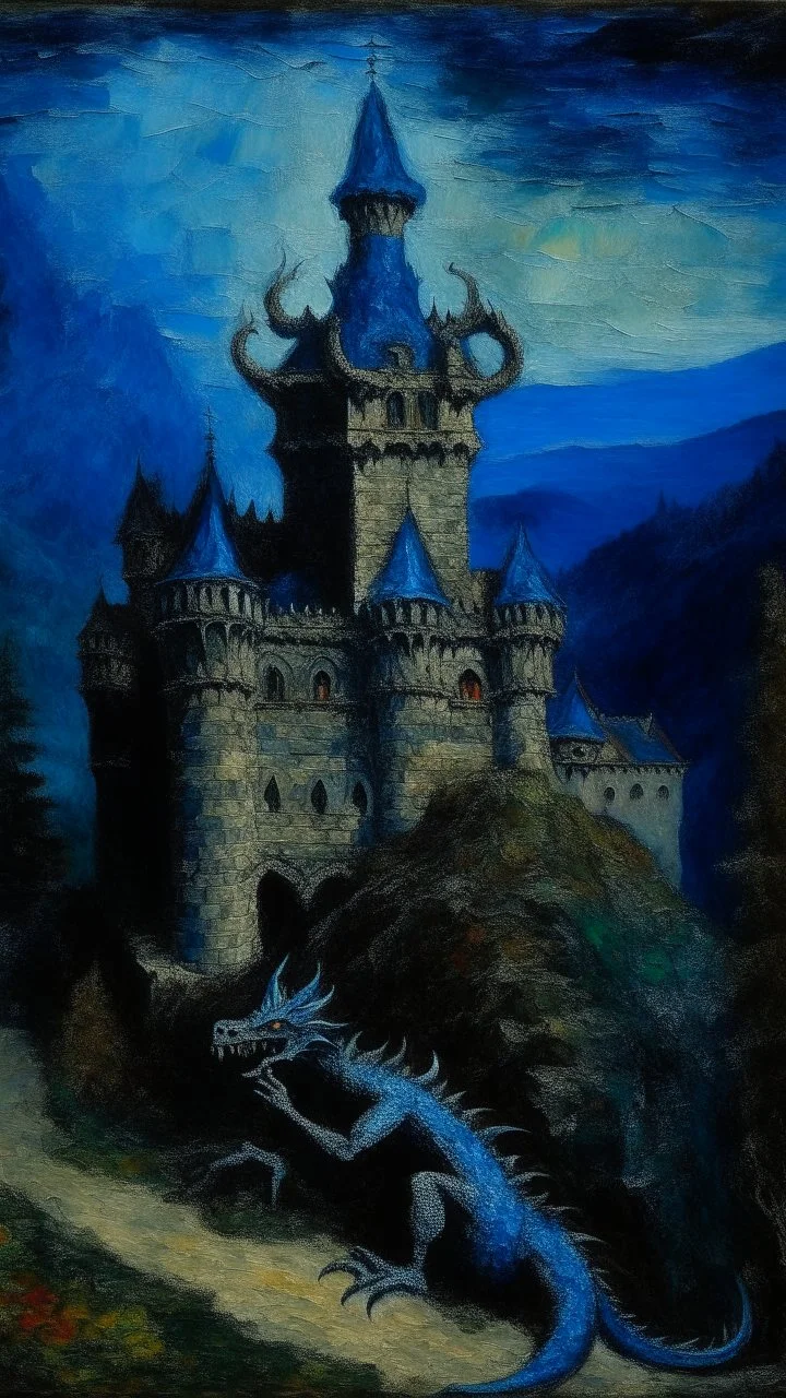 A dark blue castle with a benevolent dragon guarding it painted by Claude Monet