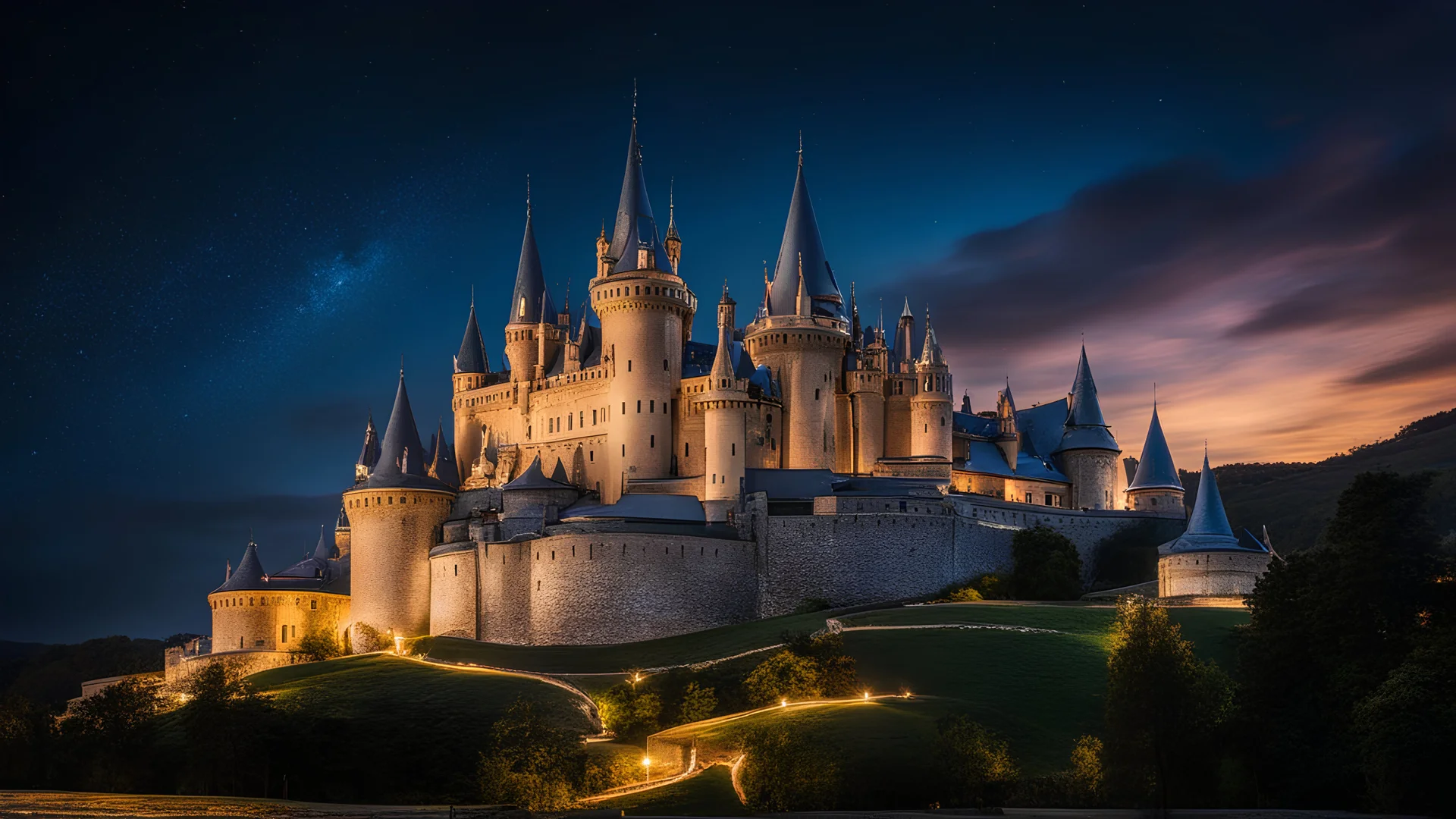 8001, delightful, sensitive, fantasy, confident, undulating sinusoidal castle with hyperbolic roofs, delicate, night, darkness, architecture, award-winning photograph, beautiful composition, filled with beautiful detail, delicate colour, chiaroscuro