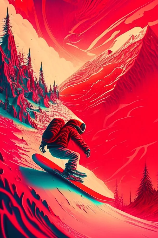 Snowboarding, psychedelic, red tones, fantasy landscape