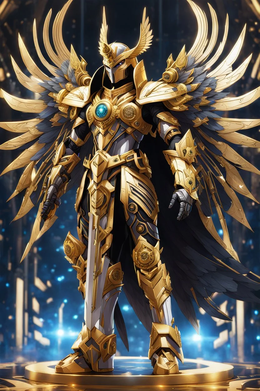 Full body god pharaoh void with Multiarms, hoodie, cover face, crystal sword, crystals arm, galaxy face, solo leveling shadow artstyle , high details, intricate details, highly detailed Man Angel cyborg straddle wings, using traditional armor,detailed, intricate,gears cogs cables wires circuits, gold silver chrome copper