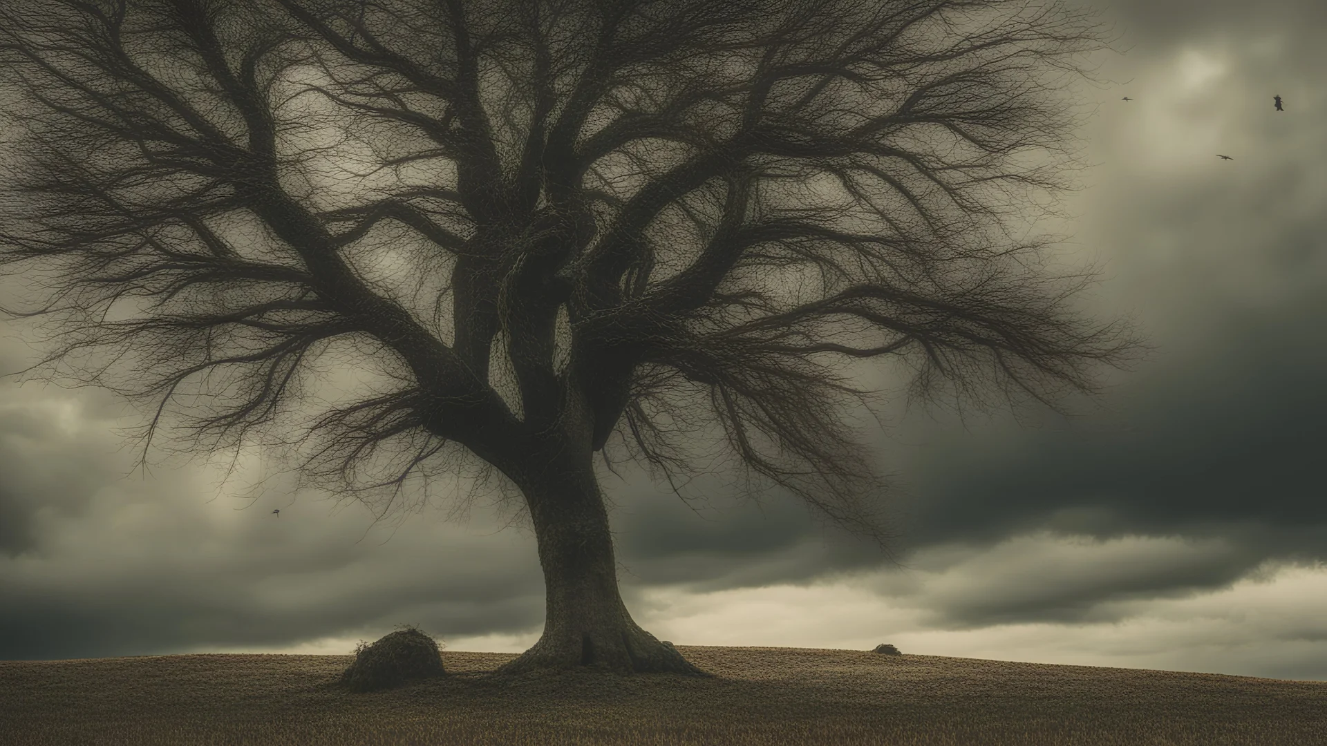 LUMPED HILL CULTIVATED WITH WHEAT WITH A DRY TREE, ON A DARK DAY WITH THREATENING CLOUDS, IN MEDIUM SHOT AND HDR LIGHTING, 4K, SOME CROWS ARE POSTING ON THE TREE AND SOME COWS GRAZE ON THE GROUND, MELANCHOLIC ATMOSPHERE