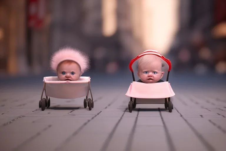  baby Who looks like donald trump in a Baby carriage wearing a bonnet on the sidewalk in new york city