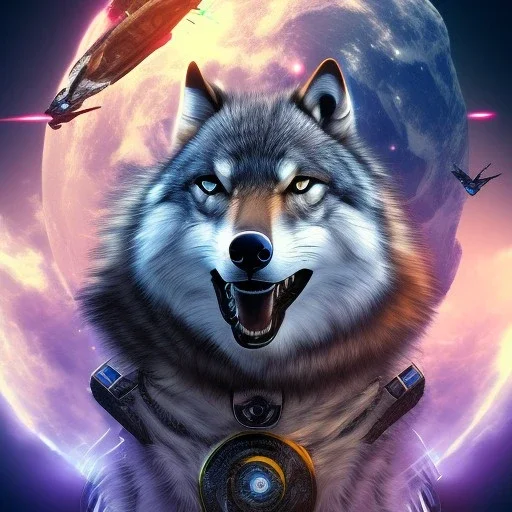 Cyborg Wolf , fliing on a goose , sitting on his back, fitted with Lasers