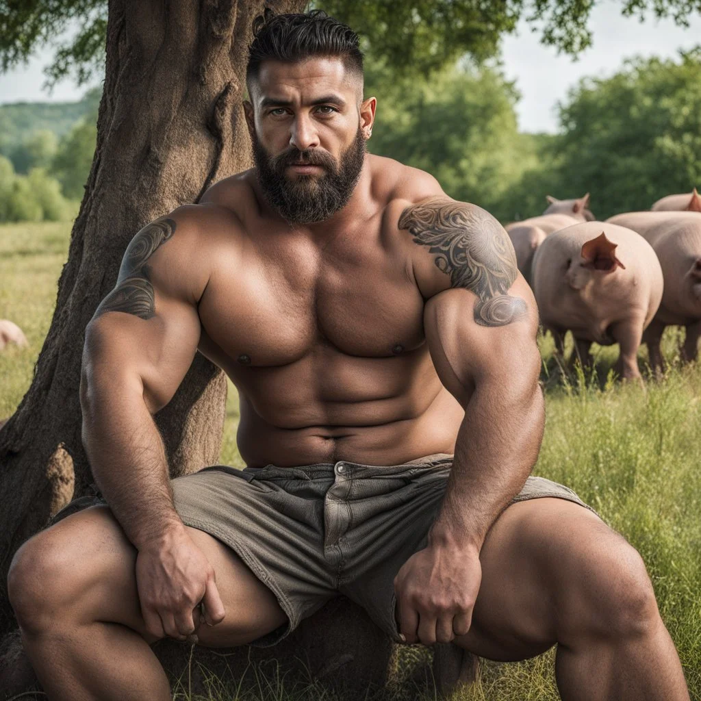 extreme close up of a 28 year old turkish farmer tattoed, sturdy, hairy very muscular beefy, with very short beard ,dreadlocks , big nose, big shoulders , big arms, relaxes sitting leaning against a tree in the middle of a meadow full of pigs, shirtless with ruined old shorts, strong and muscular hairy legs, bare feet, photorealistic bucolic scene, view from the bottom, looking at camera