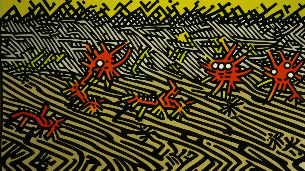 Gray demonic dunes with spikes at night painted by Keith Haring