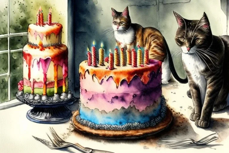 Two cats are having a birthday cake.. Highly detailed, smooth colours, realistic landscape. Aquarell