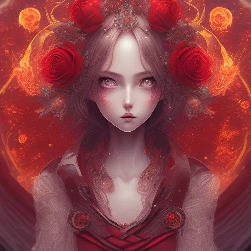 fiery red, anime, fairy queen,tears, majestic, ominous, fire, roses, intricate, masterpiece, expert, insanely detailed, 4k resolution, retroanime style, cute big circular reflective eyes, cinematic smooth, intricate detail , soft smooth lighting, soft pastel colors, painted Rena