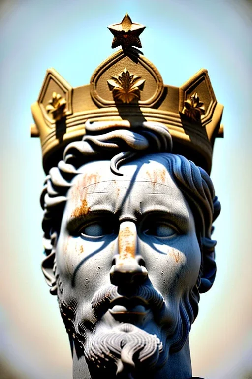 Ultra Realistic image, Roman sculpture, white marble material, Lionel Messi, semi profile, gold Laurel leaves wreath, god crown, baroque ornaments, one gold star in heart, sun ornament, sun rays background, chisel style, waist up portrait, emperor style, epic, celestial, cinematic lighting, God light, god rays, 4k resolution, smooth details, ornate details, soft lighting, unreal engine 5, art station, substance 3d.