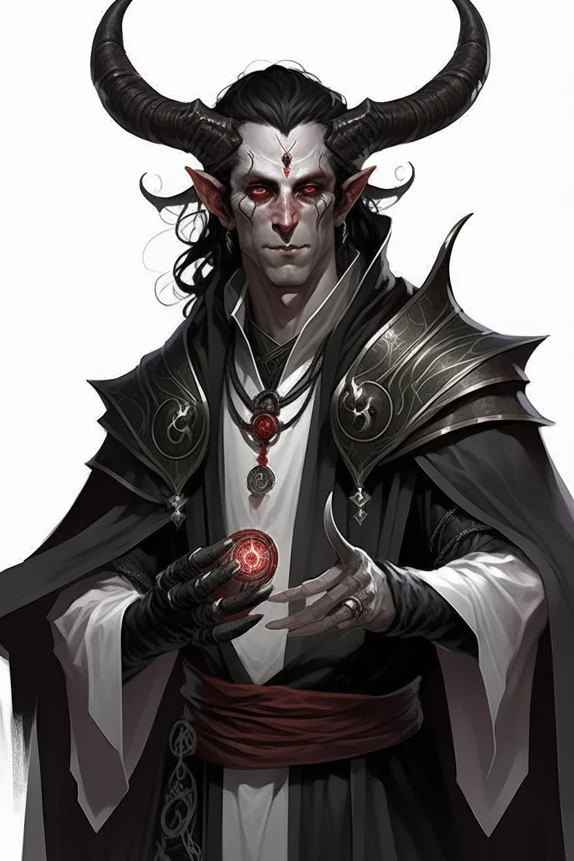 En Young male Pitch Black skin black hair tiefling Wizard with large horns glowing Silver and White symbols Everywhere on his body. He's wearing silver and White Rope and a silver cloak. His horn a perfectly place on acet from the front to the back pointing upwards with glowing Red cat Eyes. His close is elegant get simple his horns Are Same size.