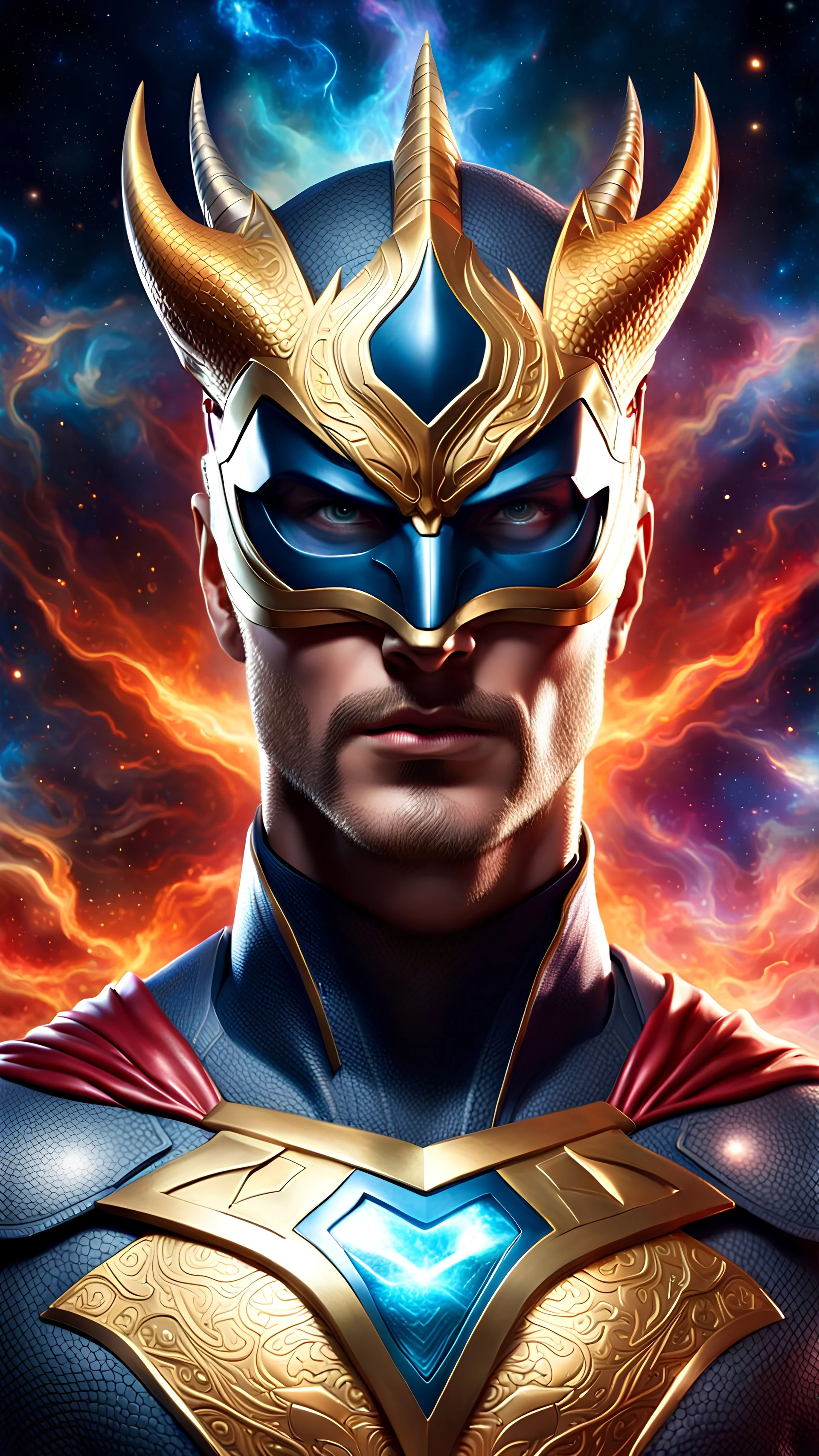 Full body ultra realistic image of superhero man with stylized dragon mask over his eyes and forehead cosmic energy, colorful, painting burst, beautiful symmetrical face, nonchalant kind look, realistic round eyes, tone mapped, intricate, elegant, highly detailed, digital painting, artstation, concept art, smooth, sharp focus, illustration, dreamy magical atmosphere, full body