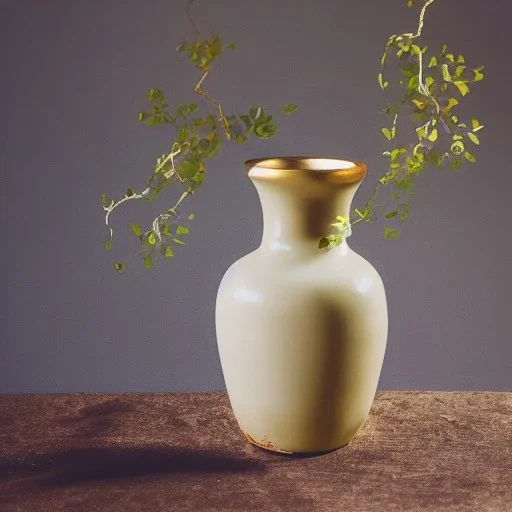 photo of a small cracked ceramic vase repaired with gold, kintsugi, beautiful, vines and leaves, rosebuds, delicate, cinematic, high detail, beautiful composition, delicate arrangement, aesthetic, soft lighting, award winning photography, tender