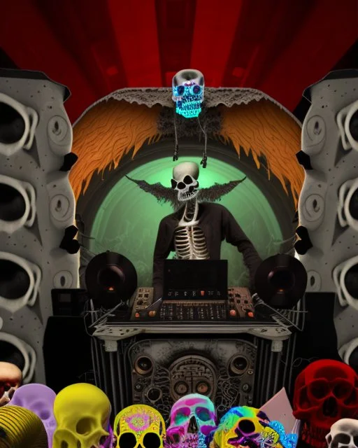 DJ of the damnded, insanely detailed DJ booth in hell, MID set, speakers and equipment made of bone, anatomically correct,