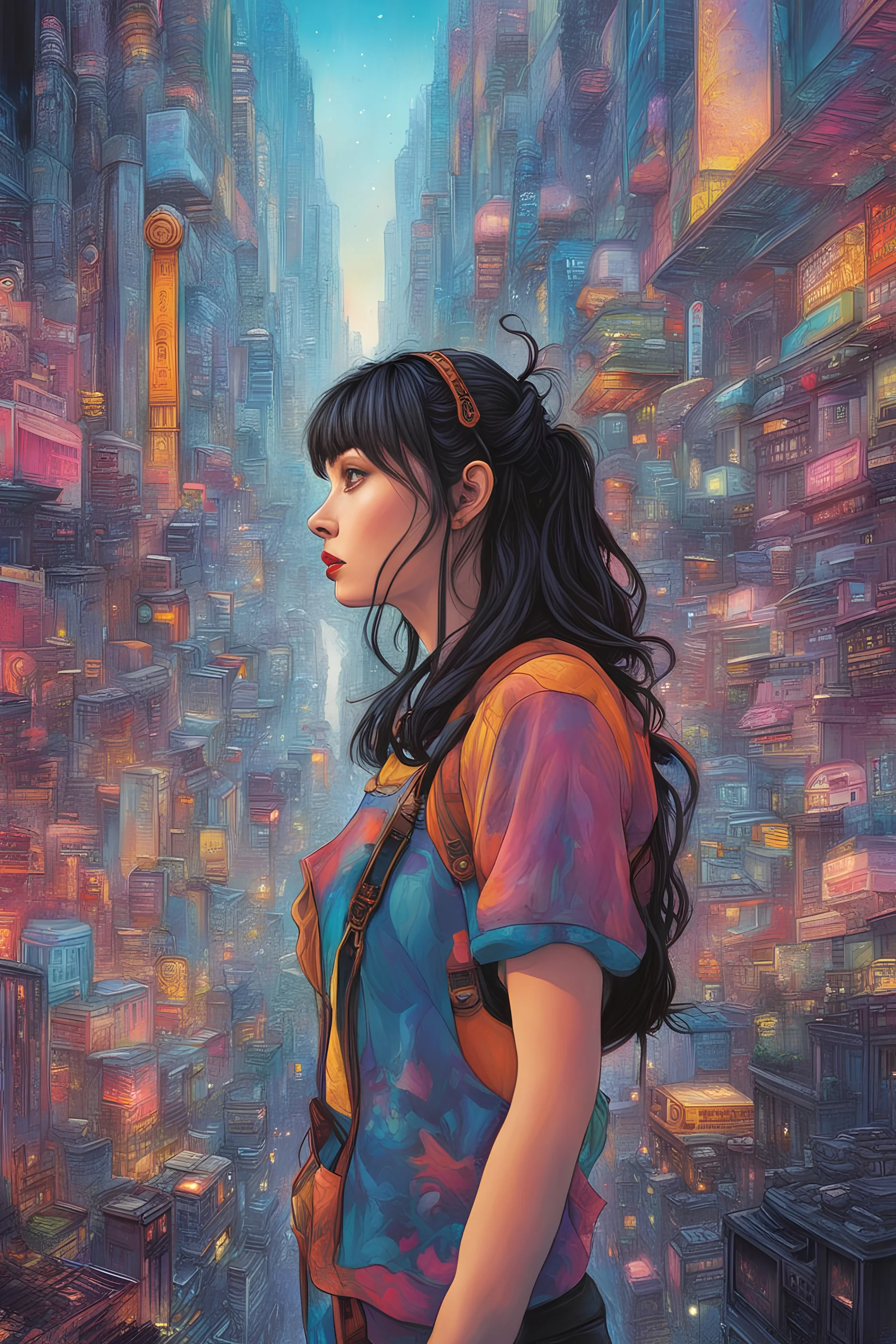 psychedelic Genius girl thinking deep thoughts cyberpunk city, hyperdetailed and highly intricate digital illustration, by Ghibli Studio, vibrant colors, Black ink flow: 8k resolution photorealistic masterpiece: by Ghibli Studio: intricately detailed fluid gouache painting, Oil splash!! Oil stained