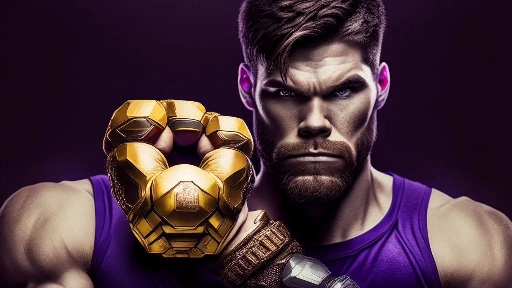 A sporty looking man with With a serious his face while holding Thanos' gantlet K's infinity gauntlet has six infinity stones