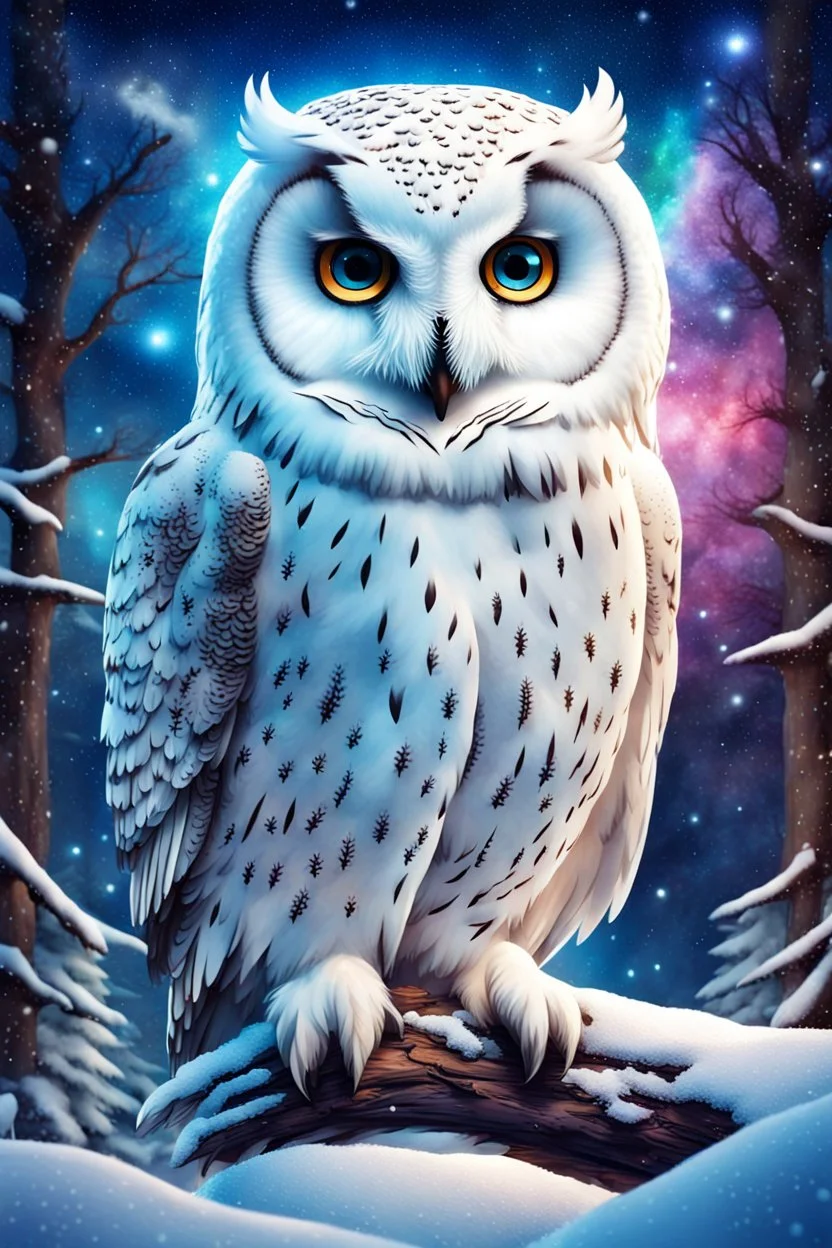 Beautiful snow owl in a magical forest with magical cosmic sky.