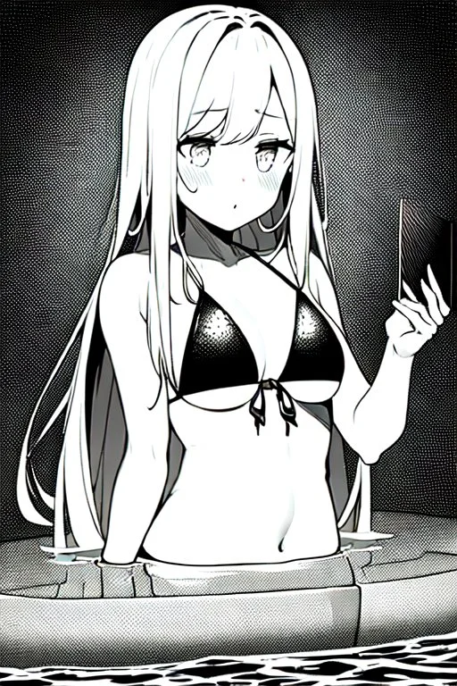 bikini long hair thin girl in abyss pool, greyscale, screen tones